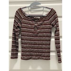 Project Social T Something About You Off Shoulder Stripe Top M Burgundy Multi